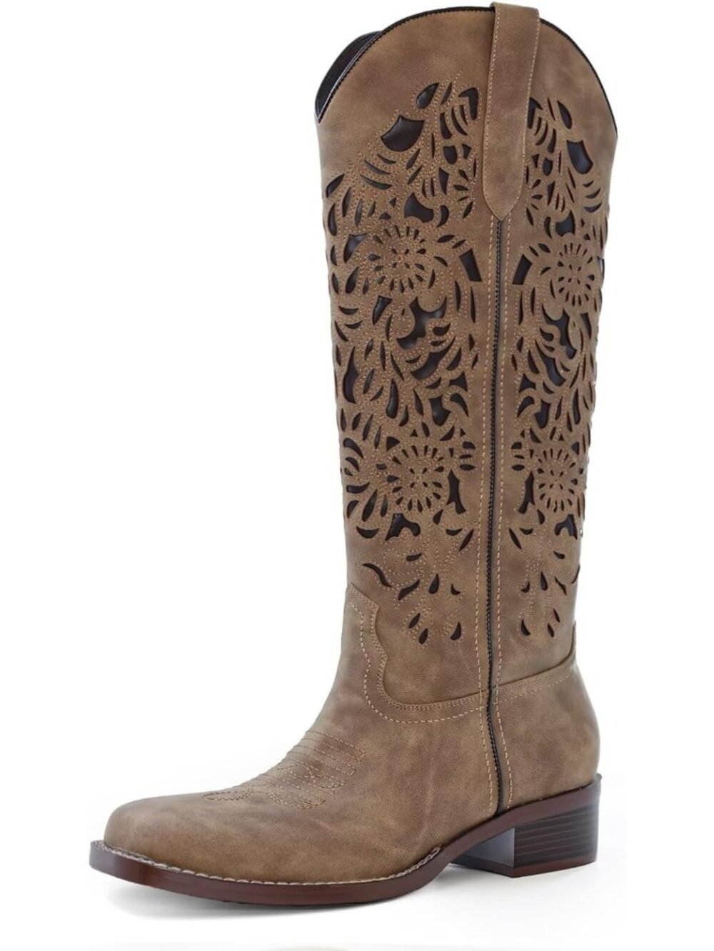 Women's Brown Western Cut Out Floral Embroidered Cowgirl Boots Low Block Heel